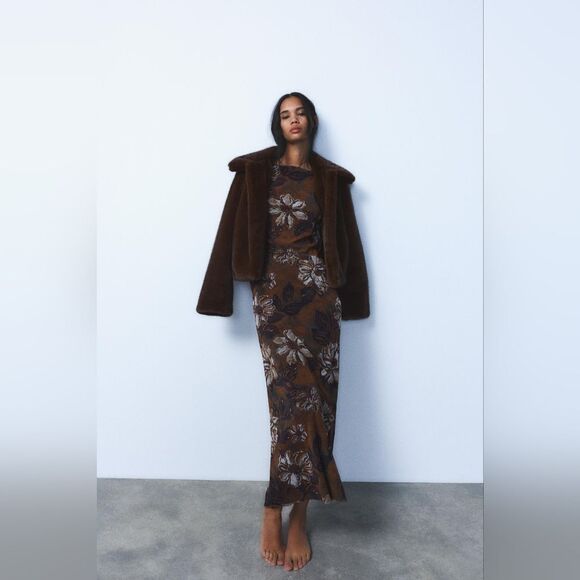 NWT ZARA PRINTED TULLEβDRESS Brown Winter Floral - Picture 12 of 12